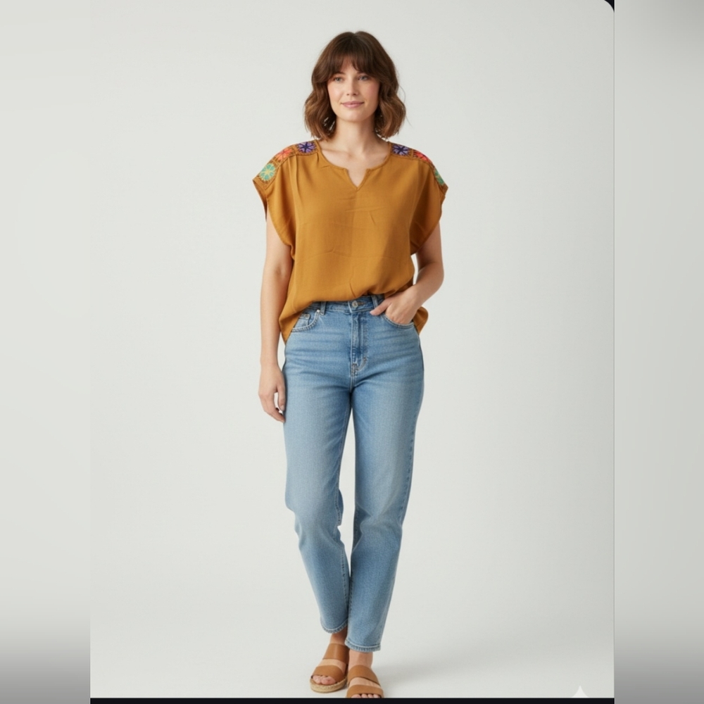 AZ Factory Mustard Yellow Multicolor Embroidered Short Sleeve Top NWT L/XL